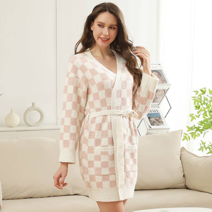 Fashion City - Wholesale Robe - Women's - Cozy Checkered Robe with Pocket & Belt 11