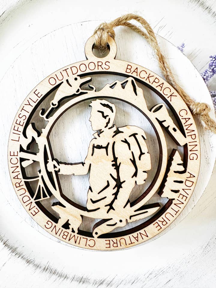 Customizable Hiking Ornament – Maple Wood Souvenir Keepsake for wholesale by Falcon Ridge Designs LLC