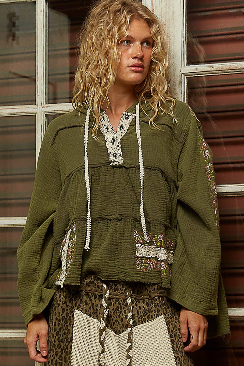 Pol Clothing - Wholesale Hoodie - Women's - Long Sleeve Double Gauze Embroidery Shirring Woven Top18