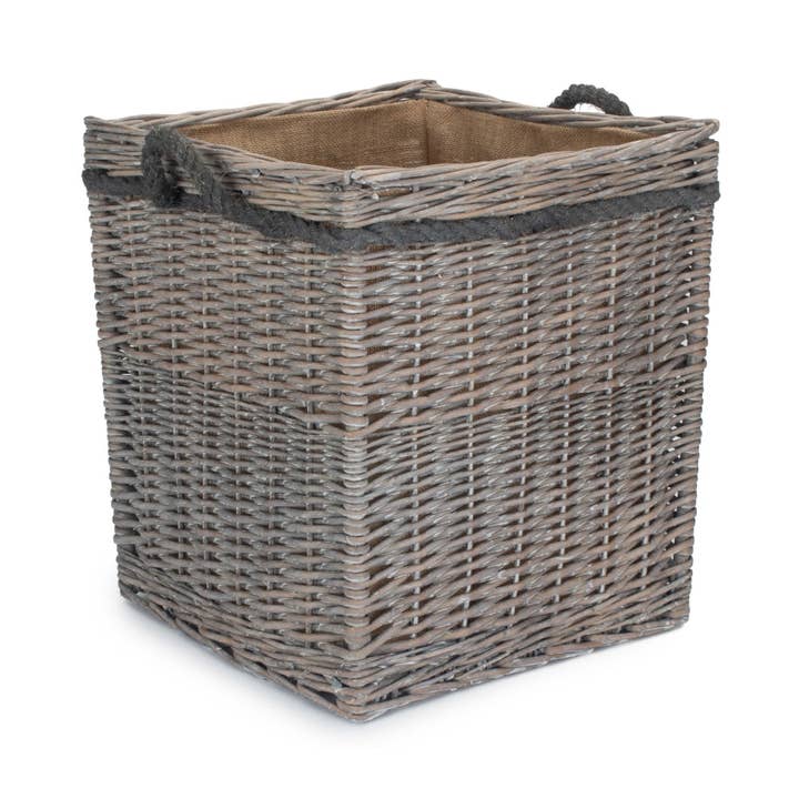 Red Hamper - Wholesale Basket - Wicker Grey Wash Square Hessian Lined Log Basket7