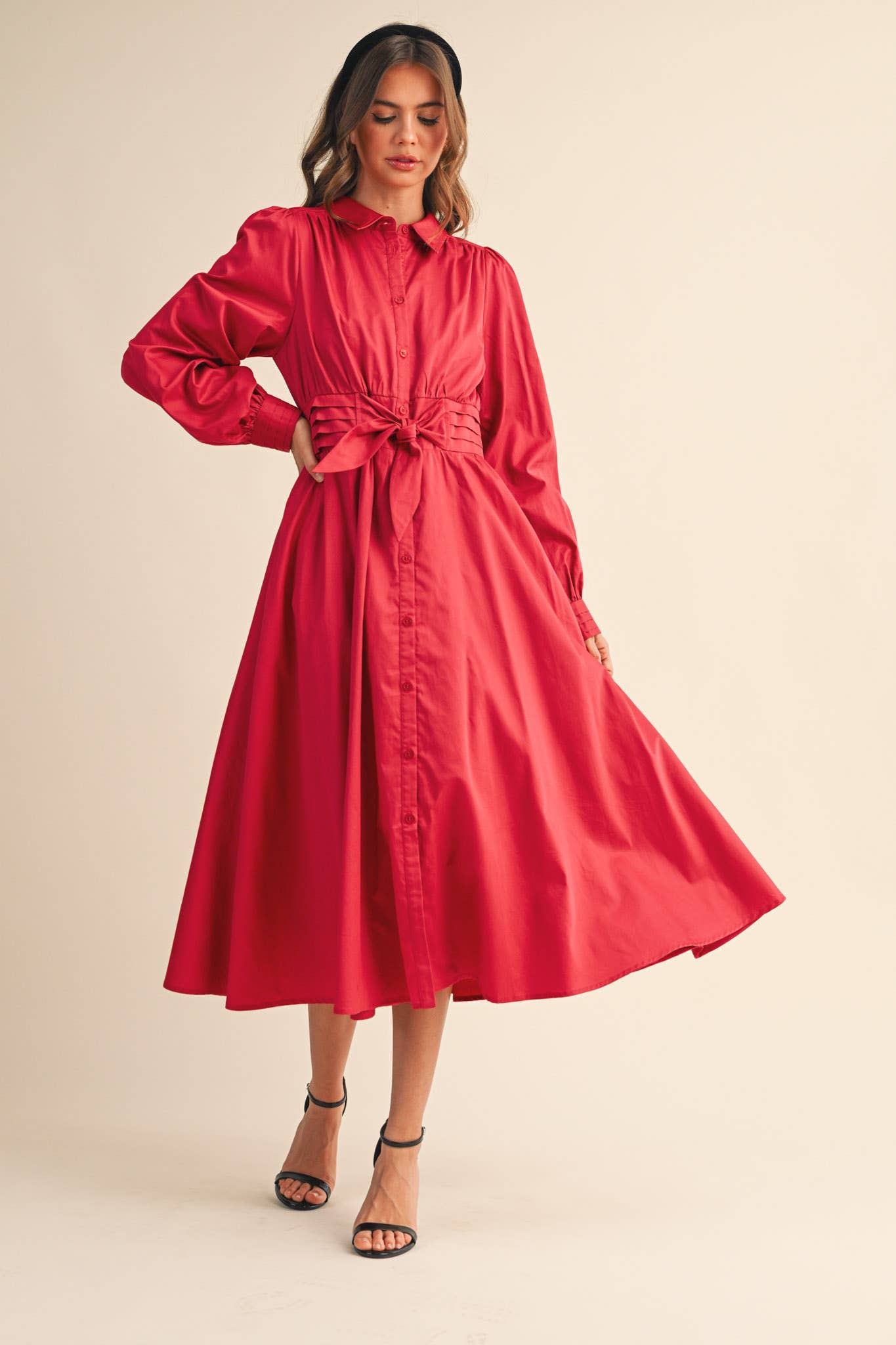 &MERCI - Wholesale Dress - Women's - PINTUCK WAIST TIE FRONT MIDI DRESS MDR421924