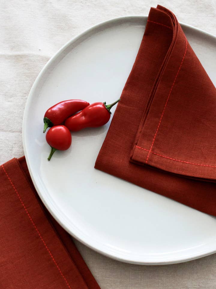Terracotta Linen Napkins with Red Stitch, Set of 4 for wholesale by My Kitchen Linens