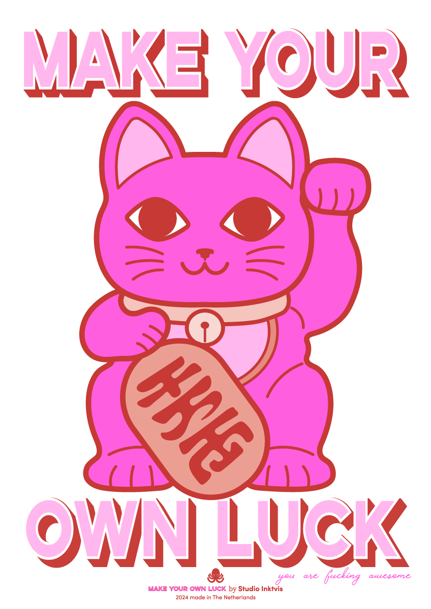 Wholesale Riso poster Lucky Cat Maneki Neko neon pink art print A3