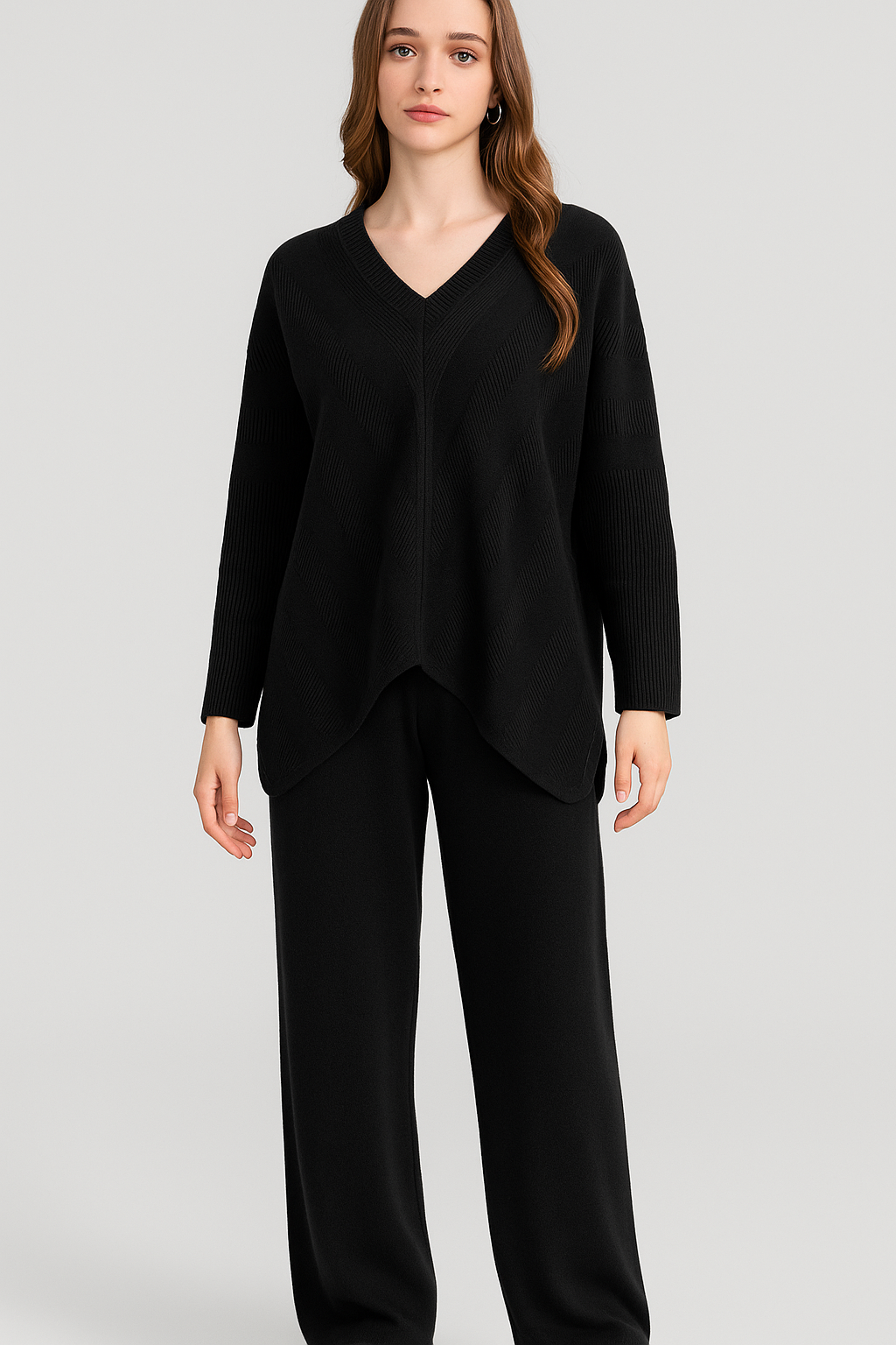 Lucy Sparks – Conjunto de top e calça (roupa NÃO Casual) - Mulher por atacado – Conjunto oversized de malha com gola V canelada e calças0