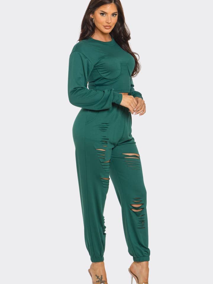 Julia by LoveJ - Wholesale Top & Pant Set (NOT Loungewear) - Women's - Round Neck Solid Top And Laser Cut Pants Set