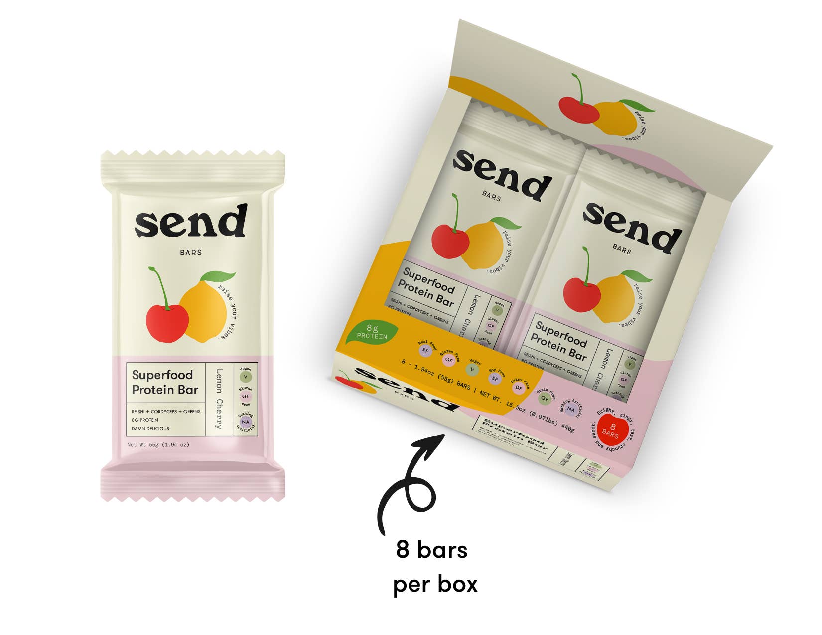 Send Bars - Wholesale Snack Bar - Lemon Cherry Superfood Protein Bars - Single Caddy (8 bars)