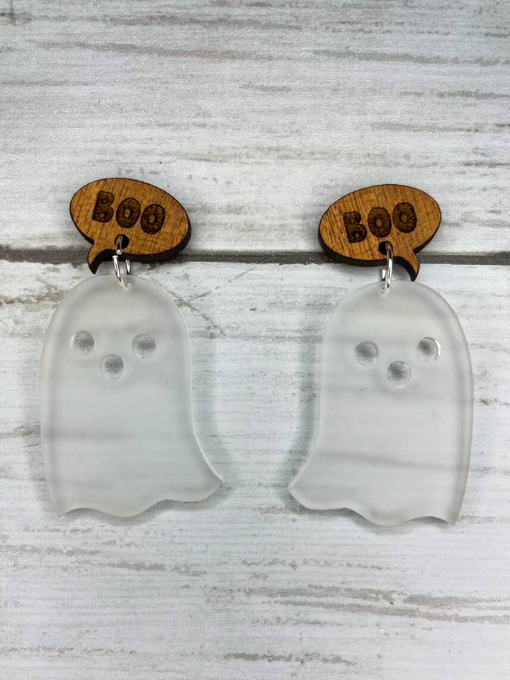 Casper the Frosted Ghost Acrylic & Wood Earrings for wholesale by TeachCreateExplore
