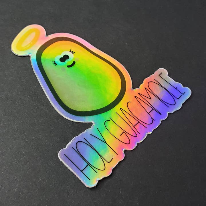 Adhesivo holográfico de Holy Guacamole con forma de juego de palabras cristiano con forma de aguacate para venta al por mayor de Let Love Be My Motive Studio