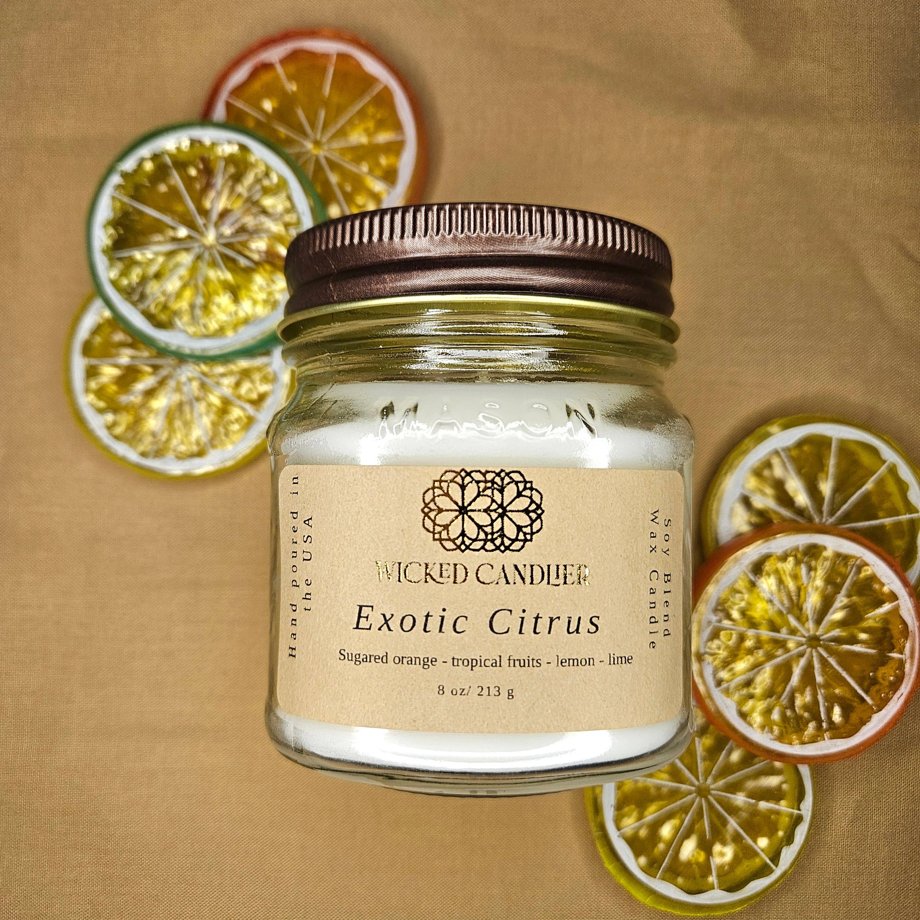 Wicked Candlier - Wholesale Jar/Filled Candle - Exotic Citrus 8 Oz Glass Mason Jar Soy Blend Candle