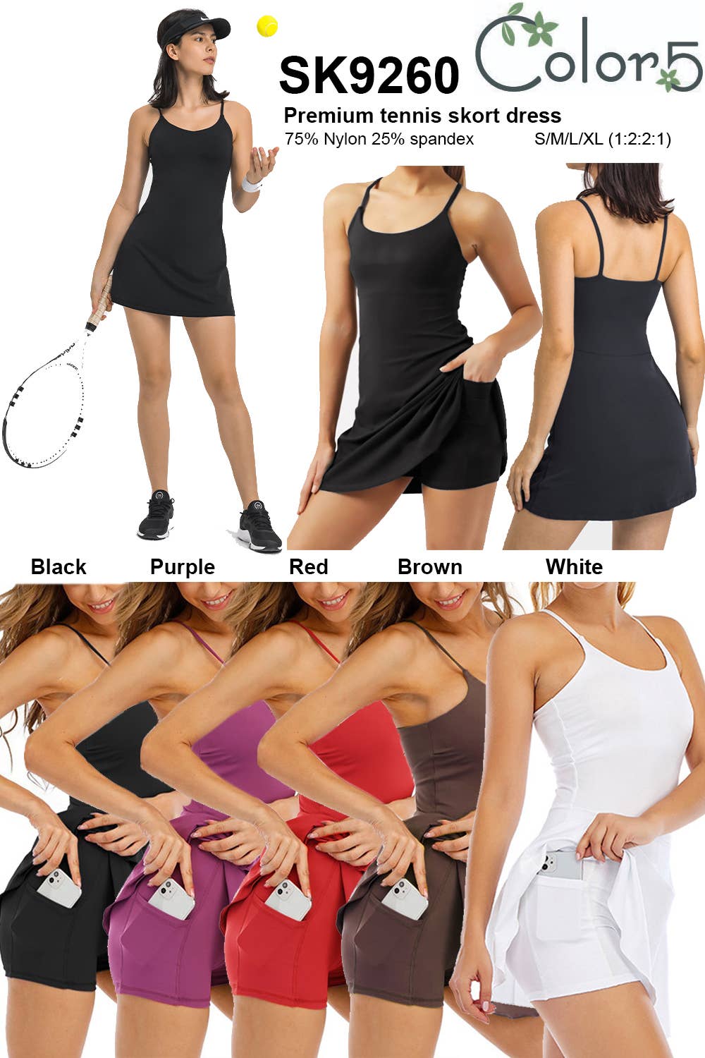 Color 5 – wholesale Athletic dress – Women′s – Premium sports tennis dress skorts with under pockets shorts10