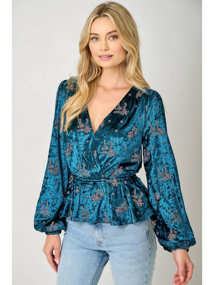 Deep Emerald 61249 Embroidery Velvet Surplice Neck Blouse for wholesale on Faire6