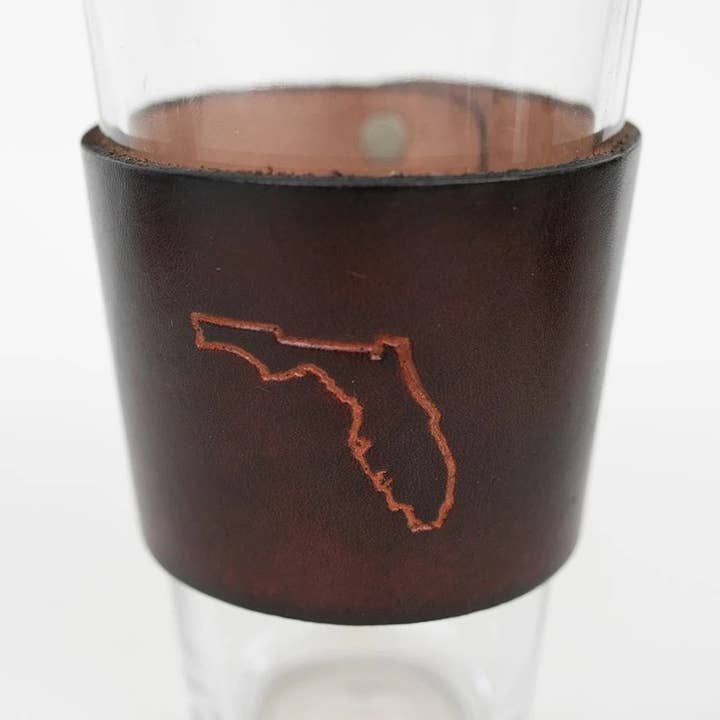 Lindy Leather - Wholesale Beer Glass/Mug - Leather Pint Glass - Custom State Leather Wrap Barware