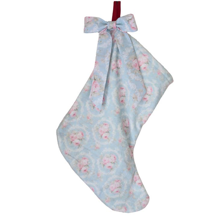 Calza di Natale in pile Shabby Chic in blu per la vendita all'ingrosso da parte di Pretty Homestyle