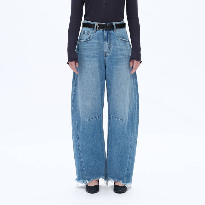 DARK BLUE HIGH RISE DROP CROTCH BARREL DENIM JEANS(FRAYED HEM) BYOX007 for wholesale on Faire0