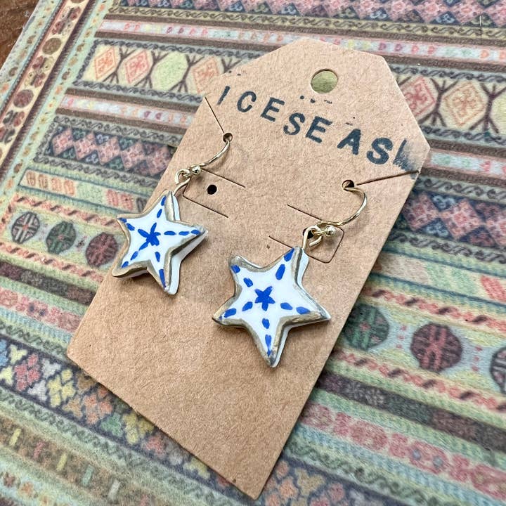 Keely Siebenthal Art & Designs - Wholesale Dangle Earrings - Handmade Clay Earrings- Stars Blue + White Starfish3