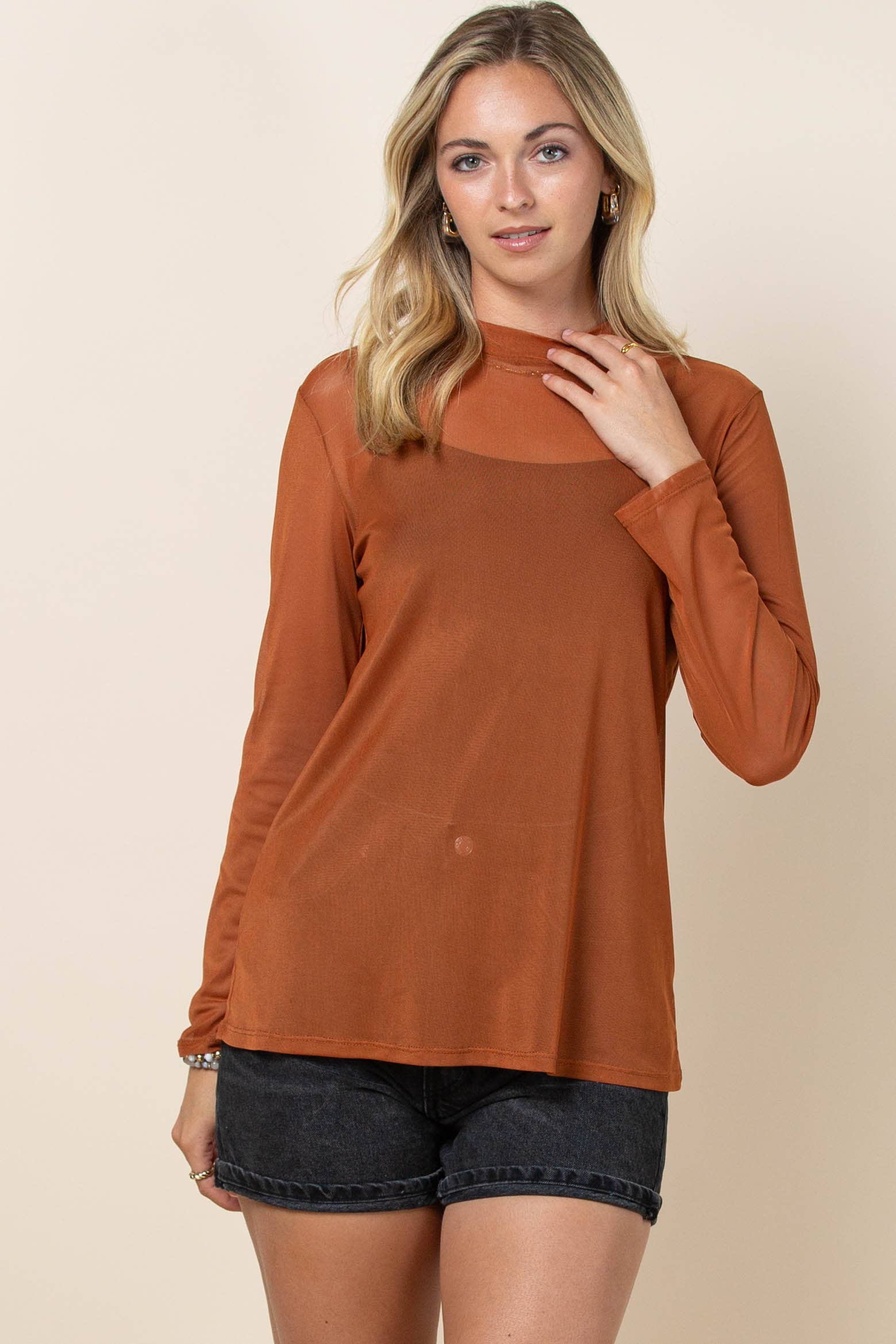 Cinnamon AV1230-CHASE SOLID SEMI SHEER MESH TOP for wholesale on Faire8