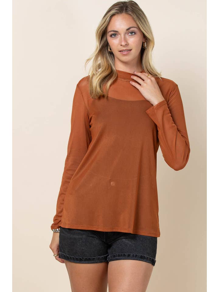 Cinnamon AV1230-CHASE SOLID SEMI SHEER MESH TOP for wholesale on Faire8