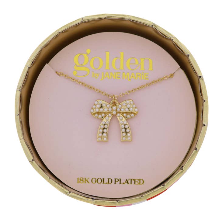 18K Gold Plated Cable Chain Necklace with White Pearl Bow for wholesale by Jane Marie