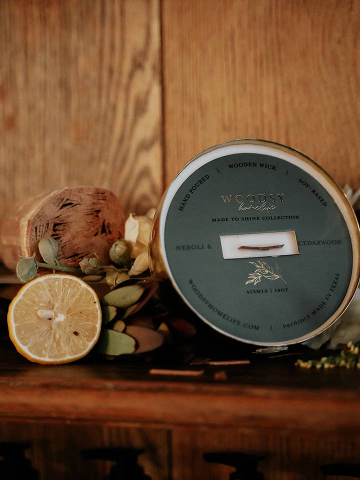 Neroli & Cedarwood -Solid Brass 14oz Soy Candle for wholesale by Woodsy Homelife
