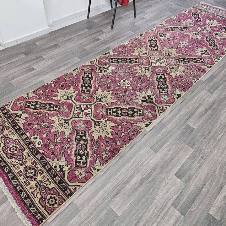 Hand-Knotted Wool Runner Rug: Vintage Floral Bohemian Home Decor (3.60x13.65 Feet) for wholesale by MesopotamiaRugs