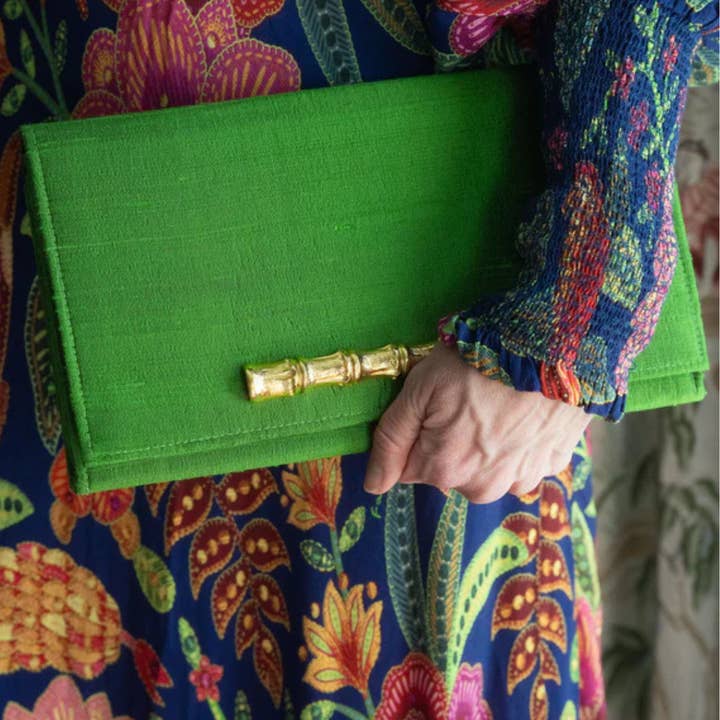 Emerald Dupioni Silk Clutch with Customized Gold Accent for wholesale by Garland Bags