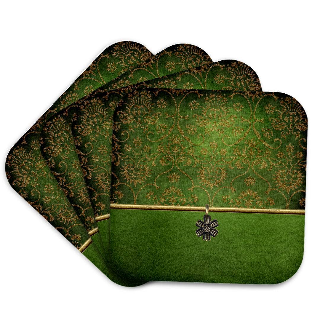 3dRose - Wholesale Coasters - 3dRose, Image of Elegant Damask and Flower Jewel Design Green and Gold, Coaster7