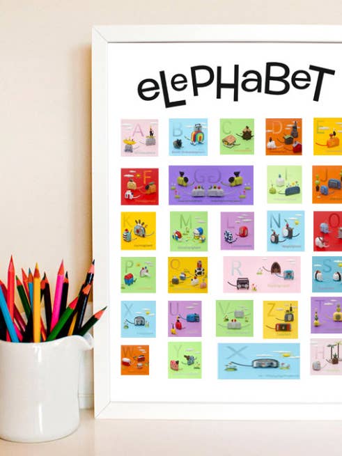 Poster Elephabet avec 26 manteaux d'éléphants pour la vente par Bunny with a Toolbelt