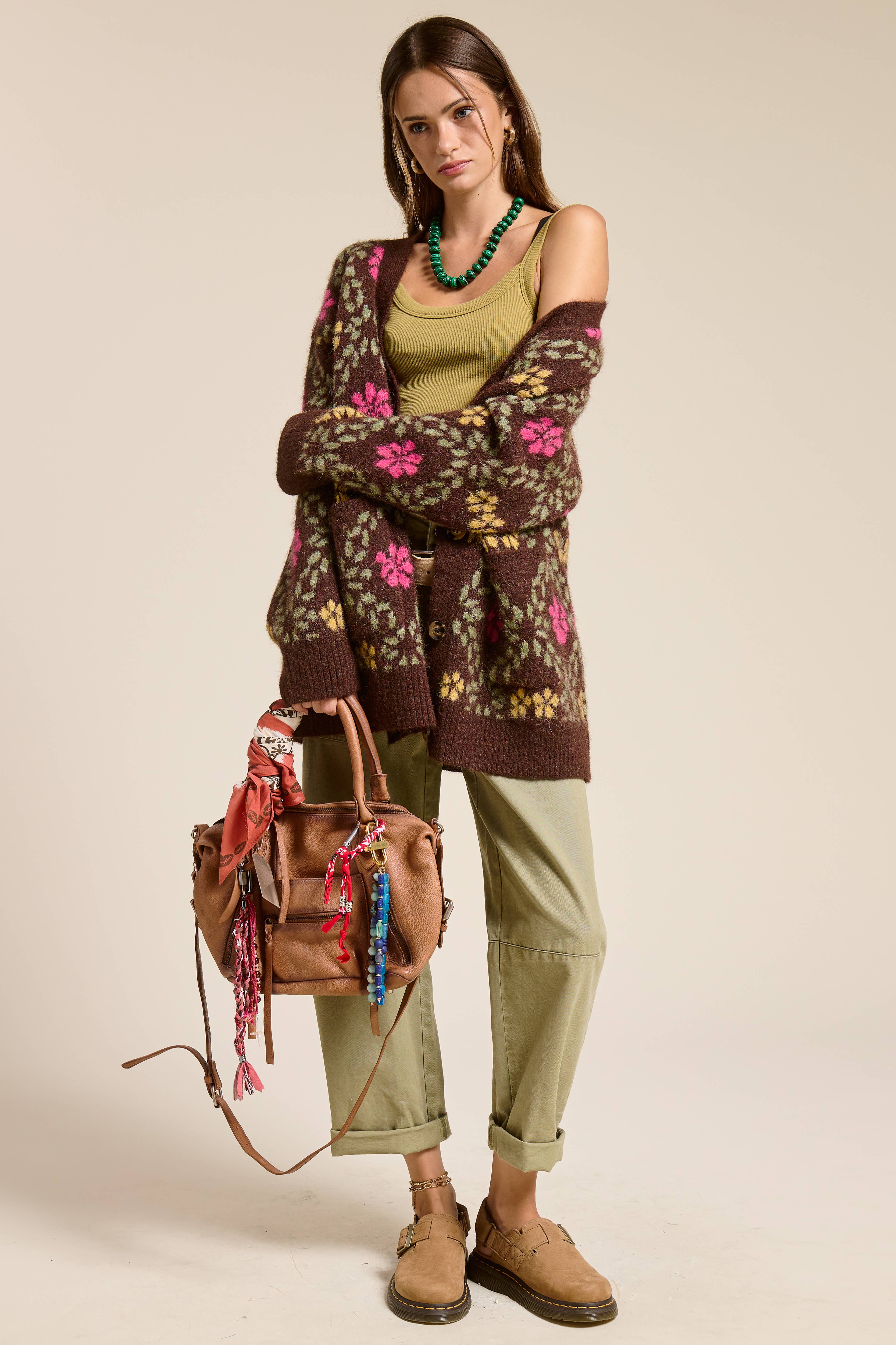 Mimosa - Wholesale Cardigan - Women's - Retro Floral Print Fuzzy Knit Cardigan14