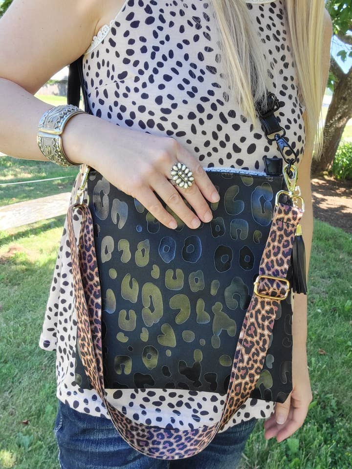 Black Shiny Leopard Canvas Crossbody Purse for wholesale by Wild Feathers