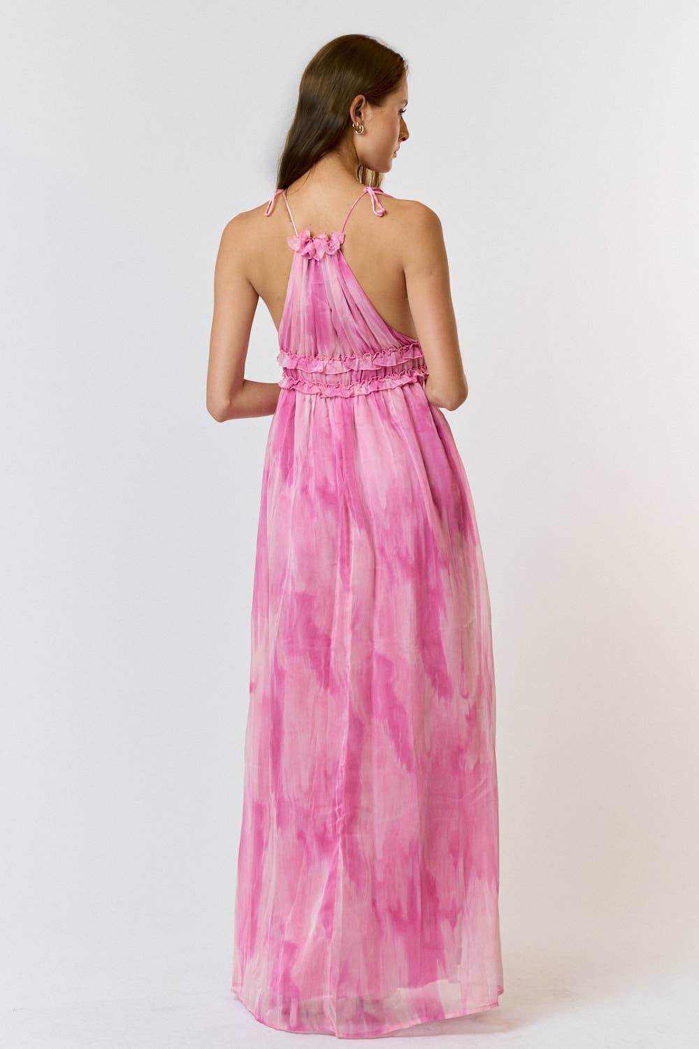 Pink ILD3864 Halter Tie Dye Print Ruffled Maxi Dress for wholesale on Faire4