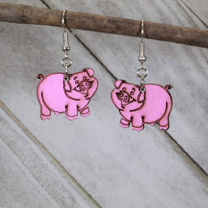 Cute Pig Wooden Dangle Earrings for wholesale by Cates Concepts