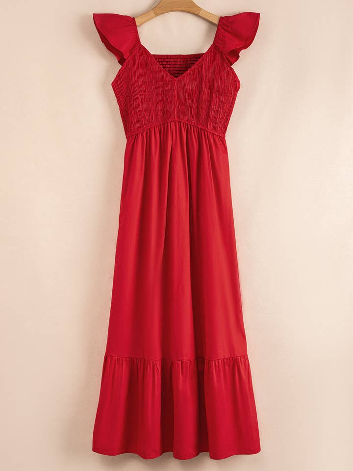 Lovesoft - Wholesale Dress - Women's - Fiery Red V Neck Flutter Sleeve Smocked Bodice High Waist Ruffle Maxi Dress3