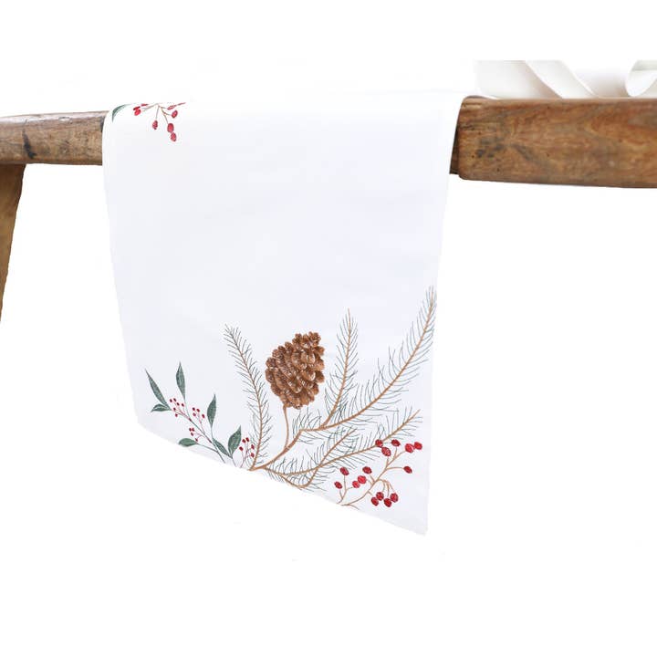 Corredor de mesa de Natal bordado de pinha e baga por atacado de Xia Home Fashions & Manor Luxe