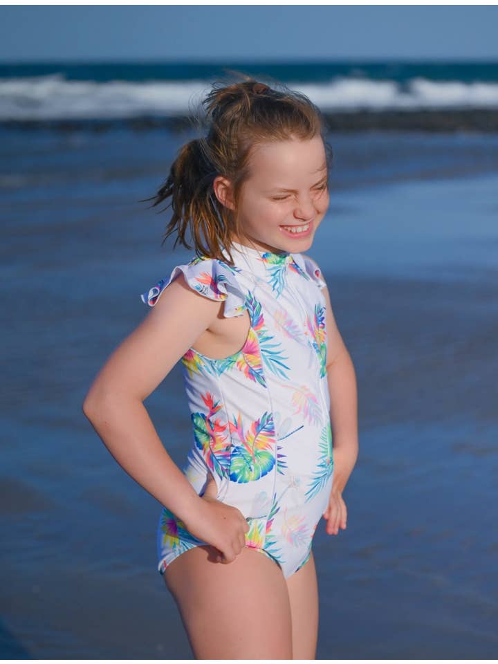 Tribe Tropical – wholesale One-piece swimsuit – Kids – Teen / Tween Girl Frill Sleeve Swimsuit - Arnhem Summer4