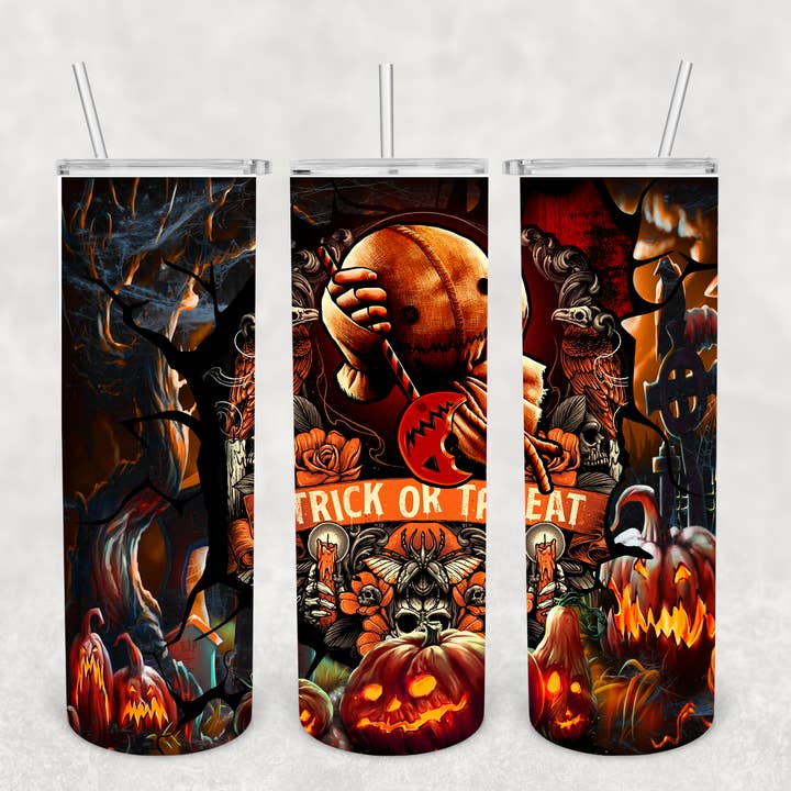 Bicchiere Skinny Sam Trick or Treat per Halloween da 20 once per la vendita all'ingrosso da parte di Knotted Gypsy Designs