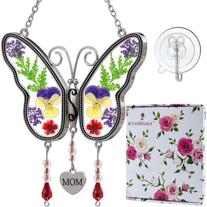 Butterfly Suncatcher with Real Pressed Flowers – “MOM” Heart Charm Window Gift for wholesale by Longshinnning