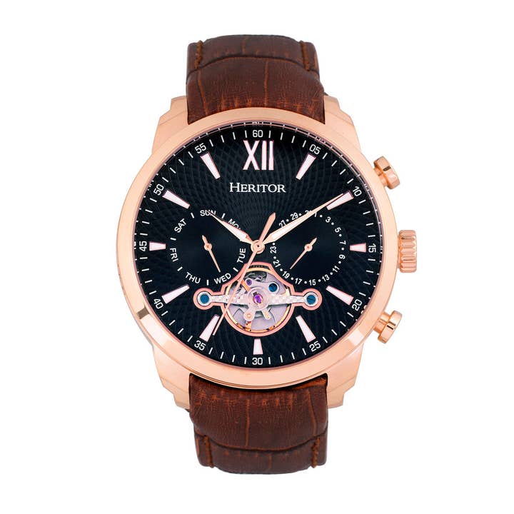 Heritor Automatic - Wholesale Wrist Watch - Men's - Heritor Automatic Arthur Semi-Skeleton Leather-Band Watch11