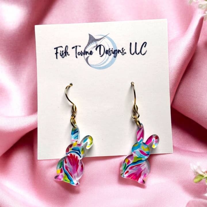 Vibrant Acrylic Easter Bunny Earrings for wholesale by Fish Towne Designs, LLC
