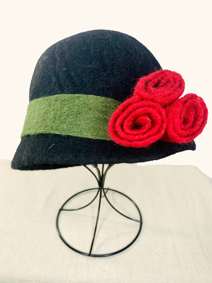 Black Cloche Hat with Red Flowers for wholesale by Pomegranate Moon