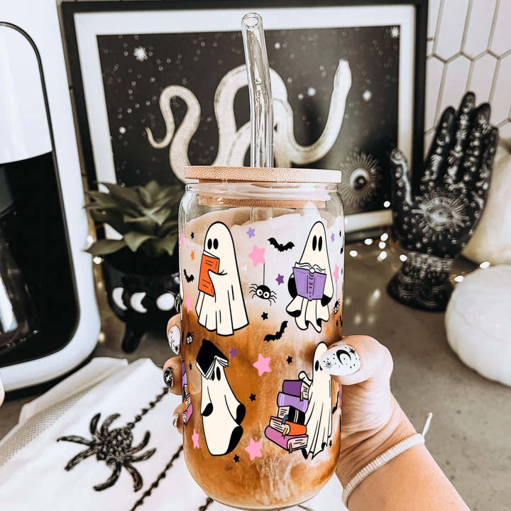 Sip-Sip Hooray! - Wholesale Drinking glass/cup - Ghosts and Books Glass Can With Lid and Straw7