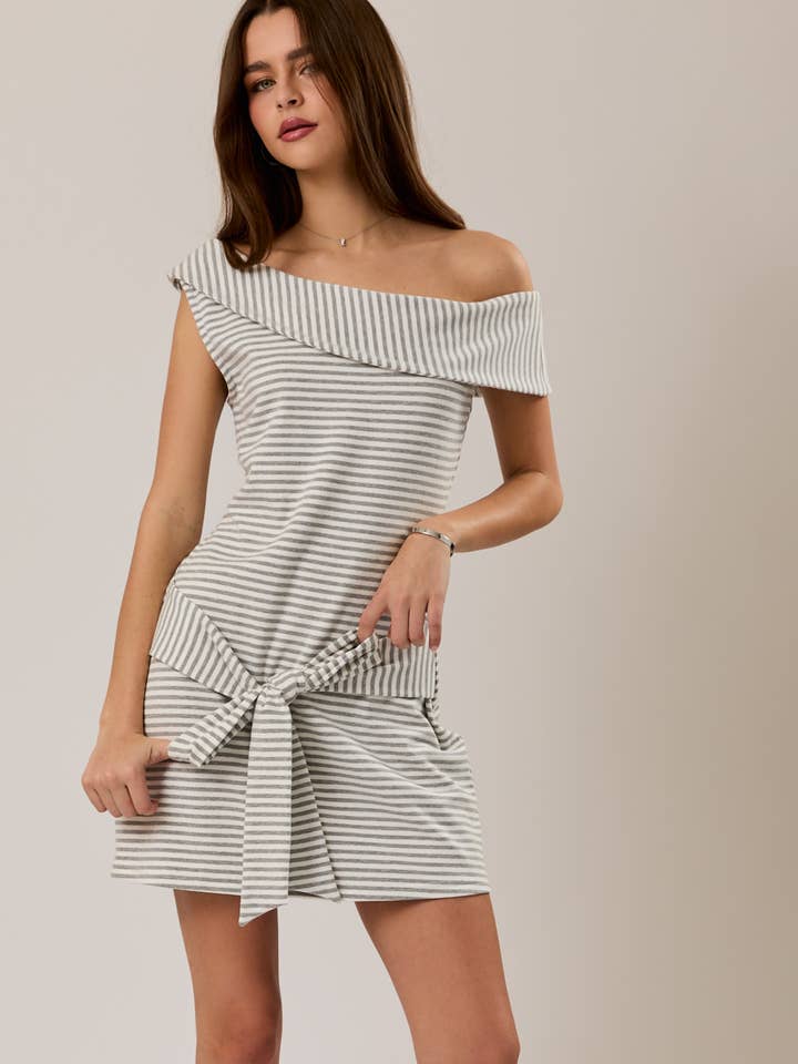 ONE SHOULDER FOLDOVER FRONT TIE STRIPED MINI DRESS for wholesale by LE LIS
