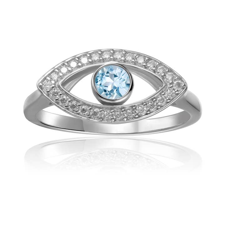 Rhodium Plated Silver Blue Topaz, moissanite Evil Eye Ring for wholesale by FCJ Jewelry LLC