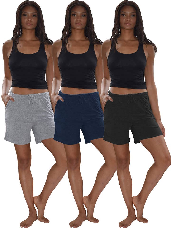 3 Pack Women's Soft Flex Cotton Drawstring Lounge Shorts for wholesale by I-Wear Brands