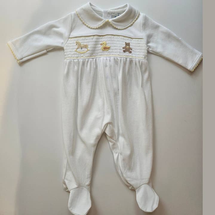 Yellow Toy Box Smocked Romper – Pima Cotton - Embroidered for wholesale by The Blue Zebra