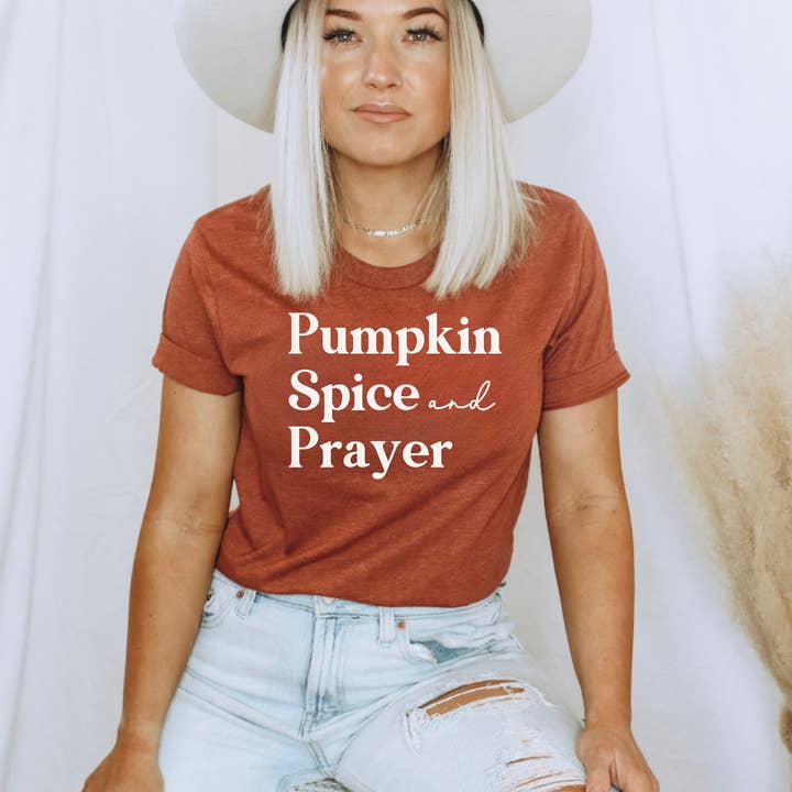 Pumpkin Spice & Prayer Fall Christian Graphic T-Shirt for wholesale by Faith & Life Christian Brands