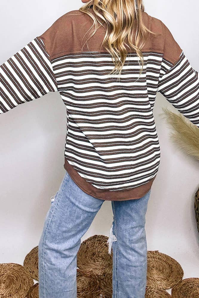 UNISHE - Wholesale Blouse - Women's - Oversized Striped Fleece Pullover Stand Collar Top CY1674