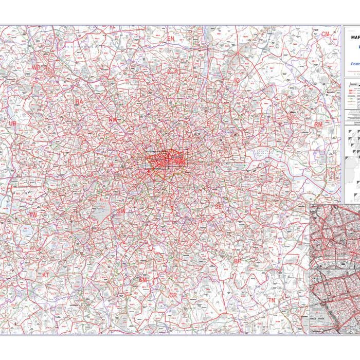 London and the M25 Postcode Wall Map - Sector Map 8 for wholesale by Map Marketing Limited
