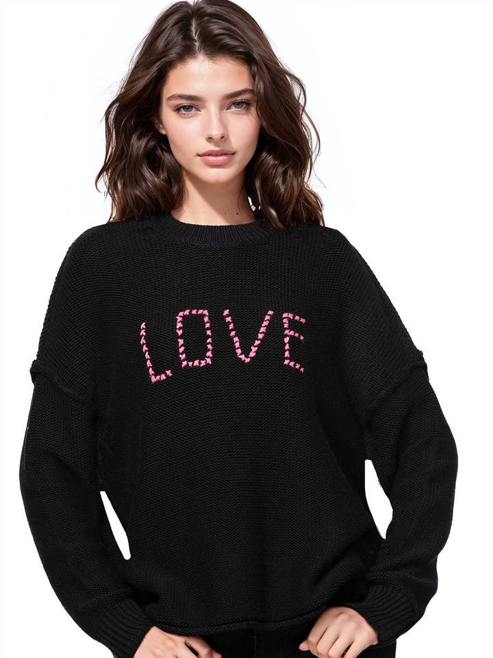 Camisola Pulôver de Mistura de Algodão Robusto - Bordado à mão “Love” em ponto cruz por atacado de Subtle Luxury