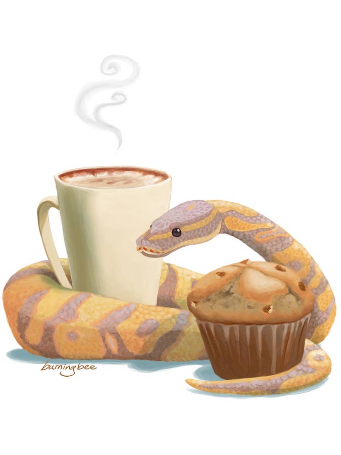 Chai Tea Latte, A Banana Nut Muffin, & A Ball Python for wholesale by Burning Bee Illustration