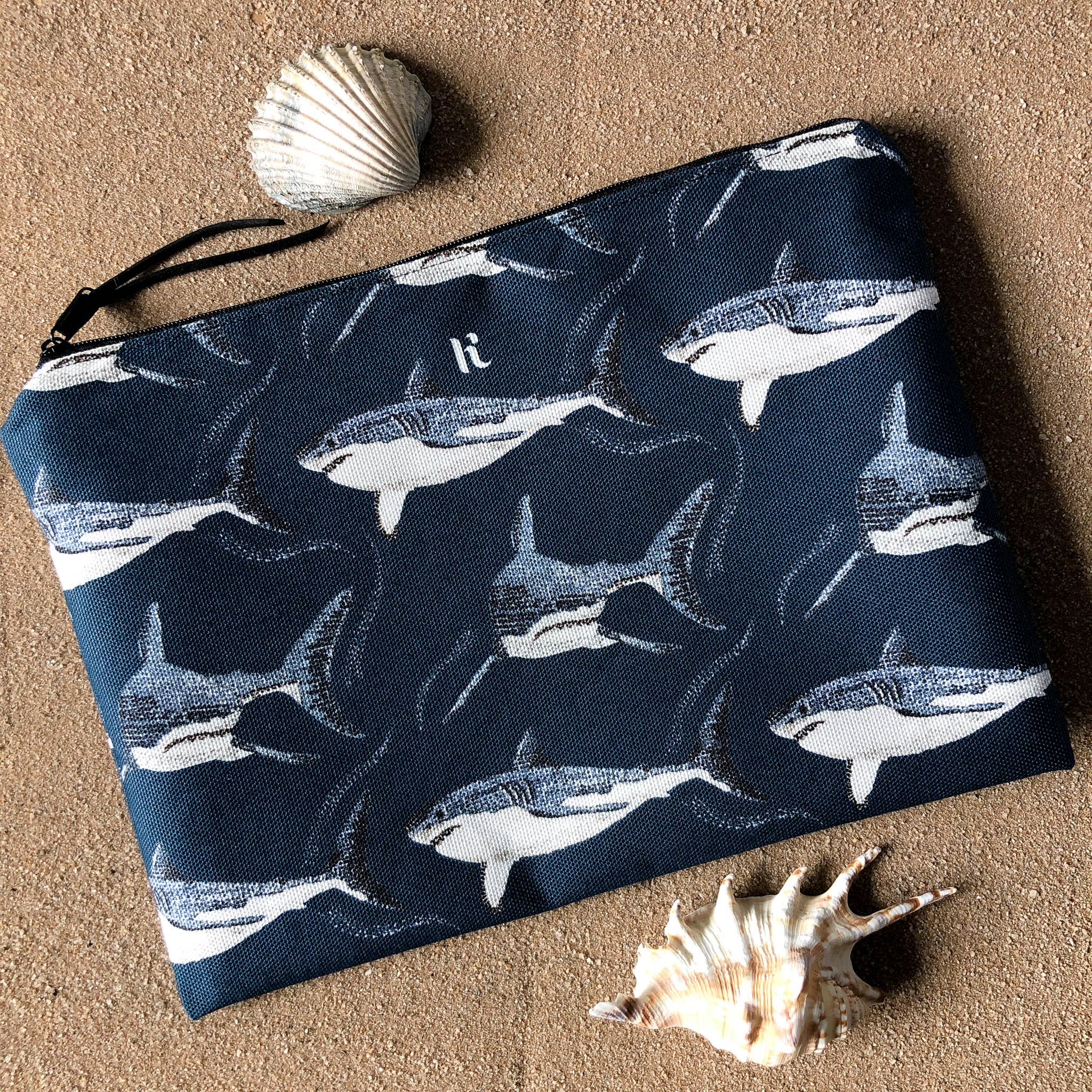 Kelsey Emblow Illustration – wholesale Make-up/cosmetic bag – Shark Pouch (watercolour) Organic Cotton2